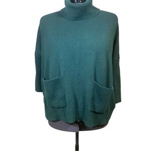 Loft women's L Green oversized boxy 3/4 sleeve cowl neck pockets knit sweater